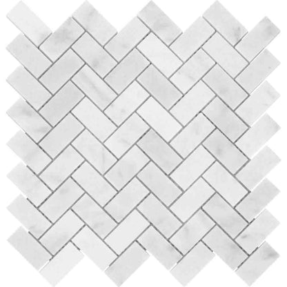 White Carrara Polished Herringbone Marble Mosaic Tile – 25 × 50 × 10 mm