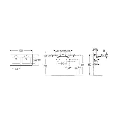 Prisma Ceramic Wall Hung 1200mm Double Basin - 2 Tap Hole - Roca