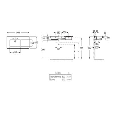 Prisma Ceramic Left Hand Wall 900mm Hung Basin - 1 Tap Hole - Roca
