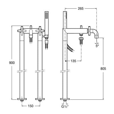 Loft Chrome Floorstanding Bath Shower Mixer Tap With Standpipes & Kit - Roca