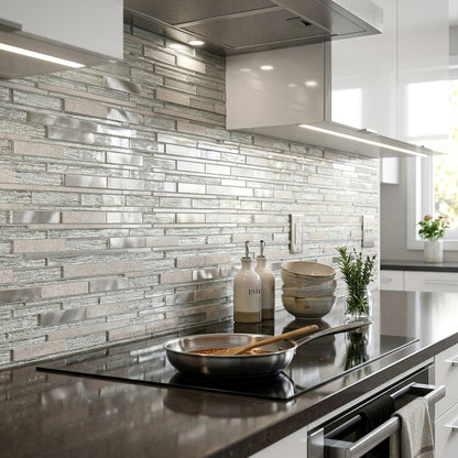 Kenton Silver Glass/Stone/Metal Mix Offset Linear Wall Mosaic 310mm x 300mm (10 per Box)