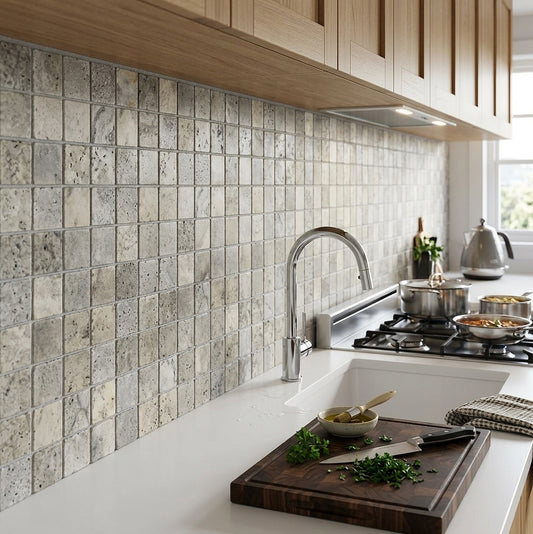 Anatolian Grey Tumbled Travertine Mosaic 305mm x 305mm (10 per Box)