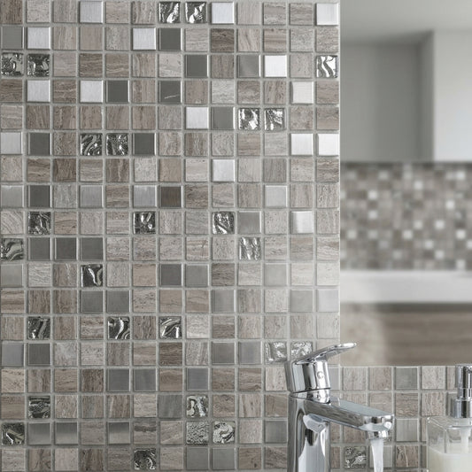 Cedar Grey Glass/Stone/Metal Mix Wall Mosaic 300mm x 300mm (10 per Box)