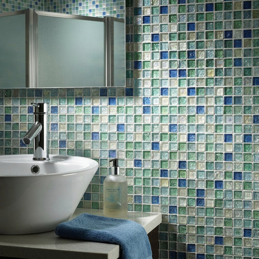 Hammered Pearl Aqua Glass Wall Mosaic 305mm x 305mm (10 per Box)