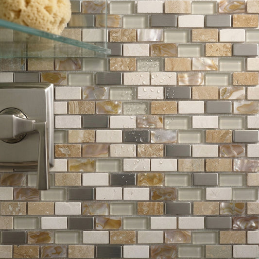 Cream Pearl/Glass/Stone/Metal Mix Mini Brick Wall Mosaic 285mm x 300mm (10 Per Box)
