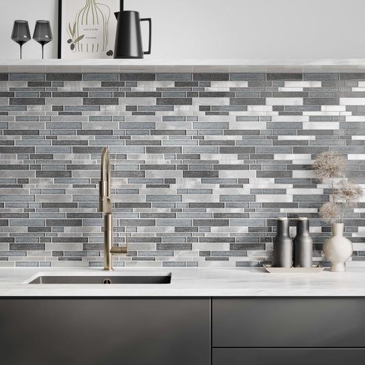 Ashby Grey Glass & Metal Mix Offset Linear Wall Mosaic 300mm x 300mm (10 per Box)