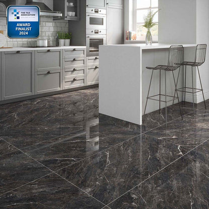 Zeus Midnight Black Polished Porcelain Wall & Floor Tile 600mm x 600mm (3 per Box)