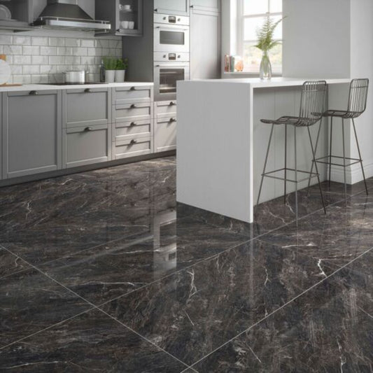 Zeus Midnight Black Polished Porcelain Wall & Floor Tile 600mm x 1200mm (2 per Box)