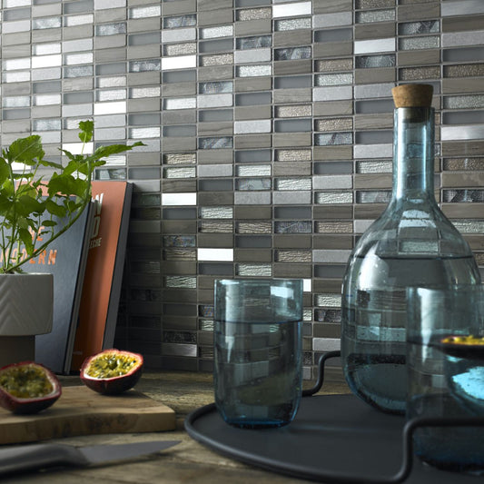 Heydon Beige Mix Stone/Glass & Metal Linear Wall Mosaic 300mm x 300mm (10 per Box)