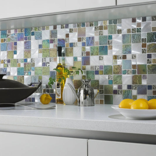 Iridescent Glass/Stone/Metal Mix Modular Wall Mosaic 300mm x 300mm (10 per Box)