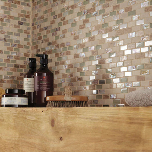 Cream Pearl/Glass/Stone/Metal Mix Mini Brick Wall Mosaic 285mm x 300mm (10 Per Box)