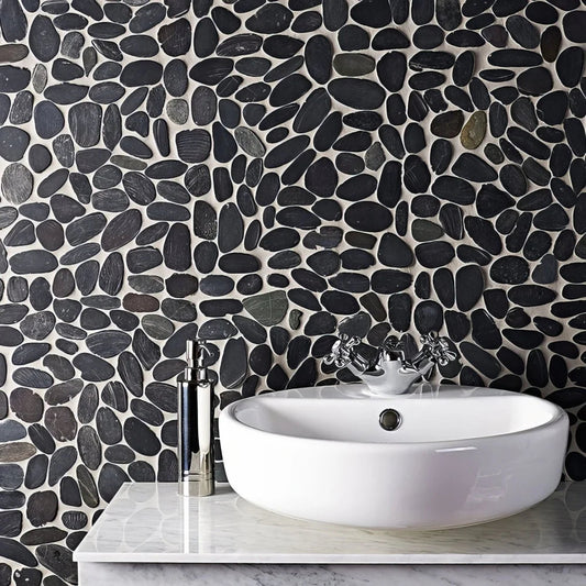Riverstone Black Flat Cut Pebble Mosaic - Large 305mm x 305mm (5 per Box)