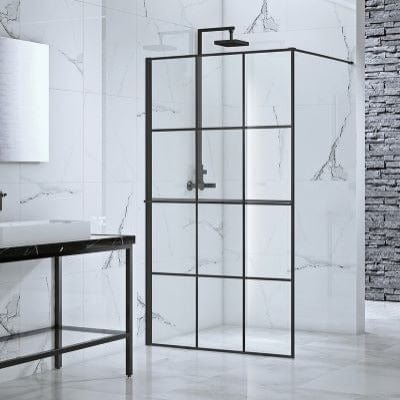 Velar+ Crittal Walk-In Panel w/ Matt Black Towel Rail and Stabilising Bar - All Sizes - Aquaglass