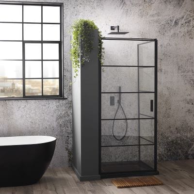 Velar+ Matt Black Hinge Corner Entry Door & Side Panel - 900 x 2000mm - Aquaglass